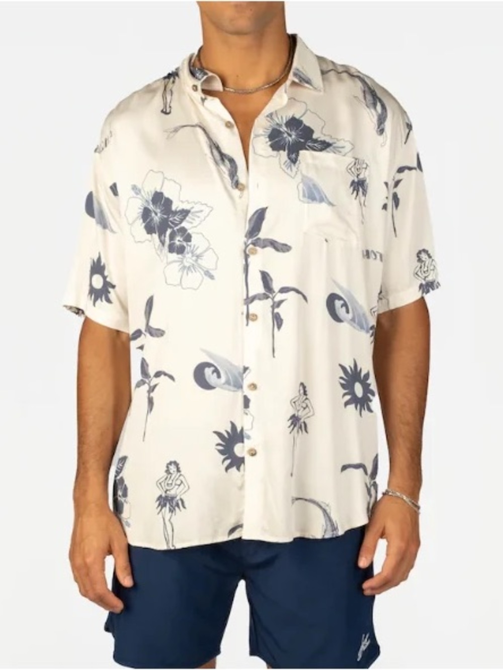 Billy Aloha Short Sleeve Floral Button-Up Shirt - White with Navy Print - NWT